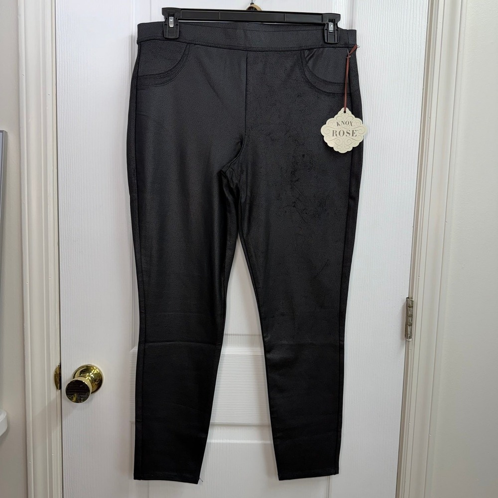 NEW Knox Rose black matte shine imitation leather stretch pull on leggings large